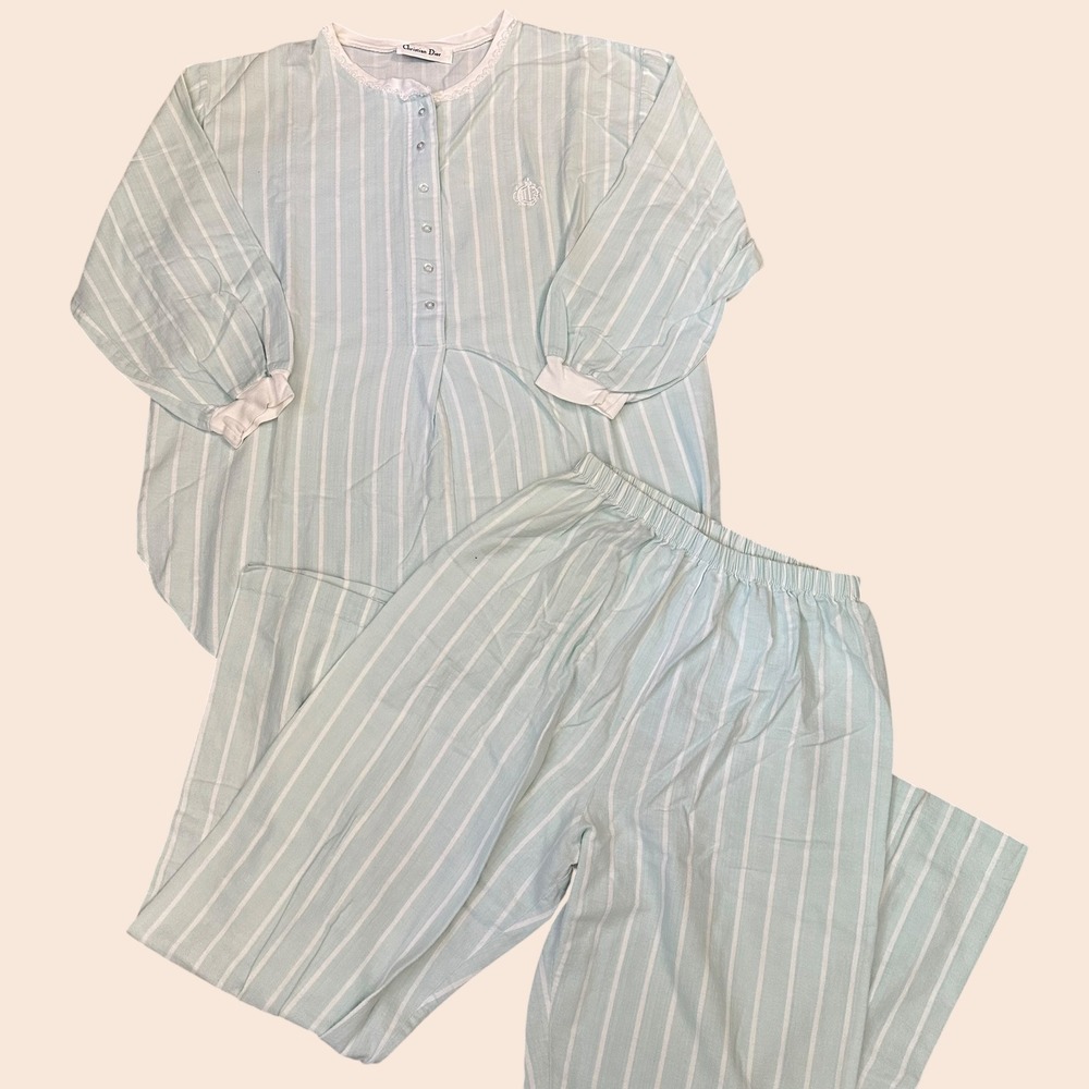 Christian Dior Striped Blue White Pajama Set Flannel Vintage sz L